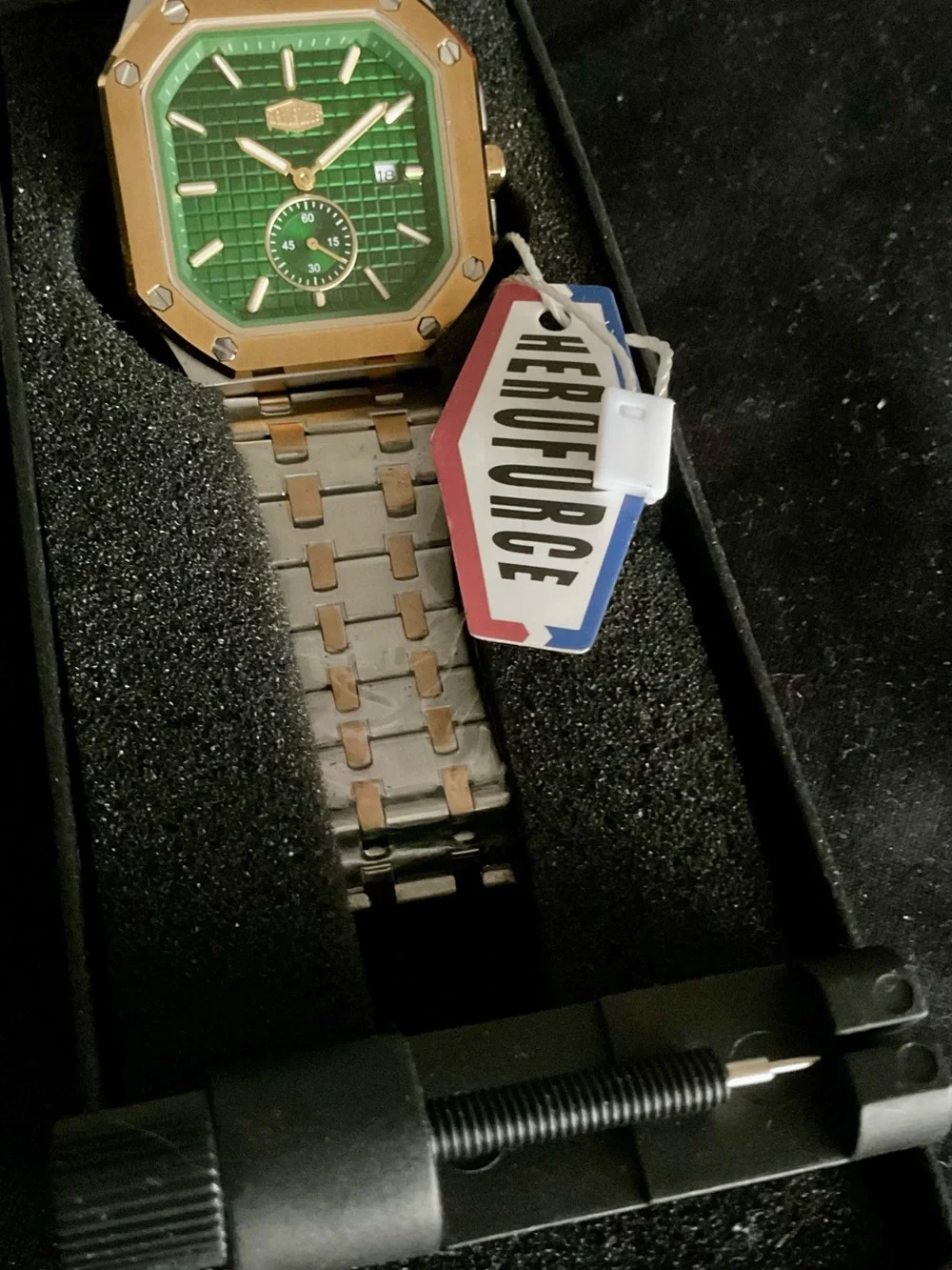 NIB Green and Gold Octagonal Square S/S Heroforce Watch Waffle Dial + Tool